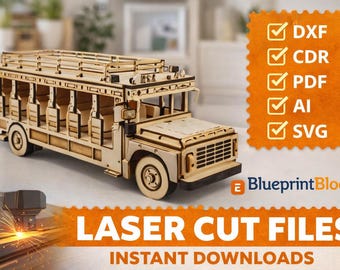 Classic Safari Bus 3D Puzzle Laser Cut Files for 3mm MDF Wood School Bus Model Miniature Vector Plan, Dxf, Cdr, Pdf, Ai Svg Digital Download