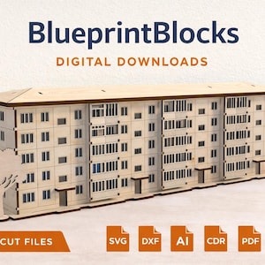 Può includere: Un modello in legno tagliato al laser di un edificio di appartamenti a più piani con finestre e balconi dettagliati. Il modello include due ritagli di alberi e il testo "BlueprintBlocks DIGITAL DOWNLOADS". File pronti per il taglio.