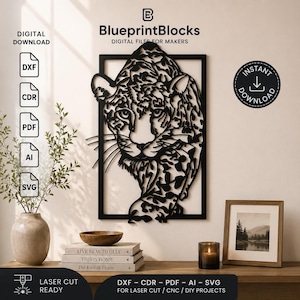 May include: A black laser-cut metal wall art piece featuring a leopard design within a rectangular frame. The digital file includes DXF, CDR, PDF, AI, and SVG formats for makers. Text includes BlueprintBlocks, Digital Download, and Instant Download.