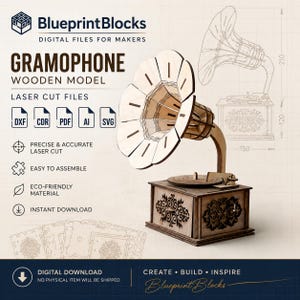 May include: A wooden gramophone model with a large flower-shaped horn and a square base featuring intricate laser-cut patterns. The image includes text reading BlueprintBlocks, Gramophone Wooden Model, and file formats DXF, CDR, PDF, AI, and SVG.