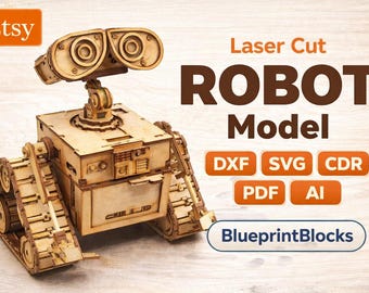 Puede incluir: Modelo de robot de madera cortado con láser con un cuerpo en forma de caja, brazos articulados y grandes rasgos circulares en forma de ojo. El modelo incluye el texto "Laser Cut ROBOT Model" e iconos de tipo de archivo.