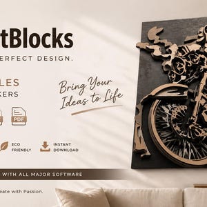 Könnte beinhalten: Ein digitales Banner für BlueprintBlocks mit Lasercut-Dateien für kreative Macher. Der Text enthält "BlueprintBlocks", "Precision Cut. Perfect Design", "Laser Cut Files For Creative Makers" und "Bring Your Ideas to Life". Ein geschichtetes Wandkunstwerk aus Holz in Form eines Motorrads ist auf der rechten Seite abgebildet.