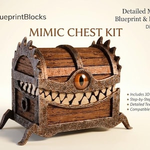 May include: A detailed Mimic Chest Kit, a digital download, with a wooden chest design. The chest has a large eye, sharp teeth, and is supported by four legs. The text "MIMIC CHEST KIT" is visible.