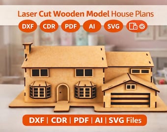Modern Suburban House Laser Cut Files, 3D Wooden Model Home Plan (Digital Download)
