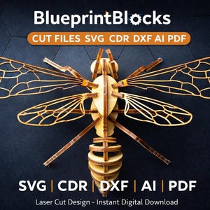 Puede incluir: Un modelo de insecto de madera cortado con láser, con intrincados detalles en las alas, sobre un fondo oscuro. La imagen incluye el texto "BlueprintBlocks" y opciones de formato de archivo: SVG, CDR, DXF, AI y PDF. Es una descarga digital instantánea.
