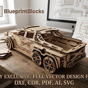 Könnte beinhalten: Ein detailliertes Holzmodell eines sechsrädrigen Trucks mit komplexen Designelementen. Das Modell ist aus hellem Holz gefertigt und wird auf einer Holzoberfläche präsentiert. Der Text "BlueprintBlocks" ist in der oberen linken Ecke sichtbar.
