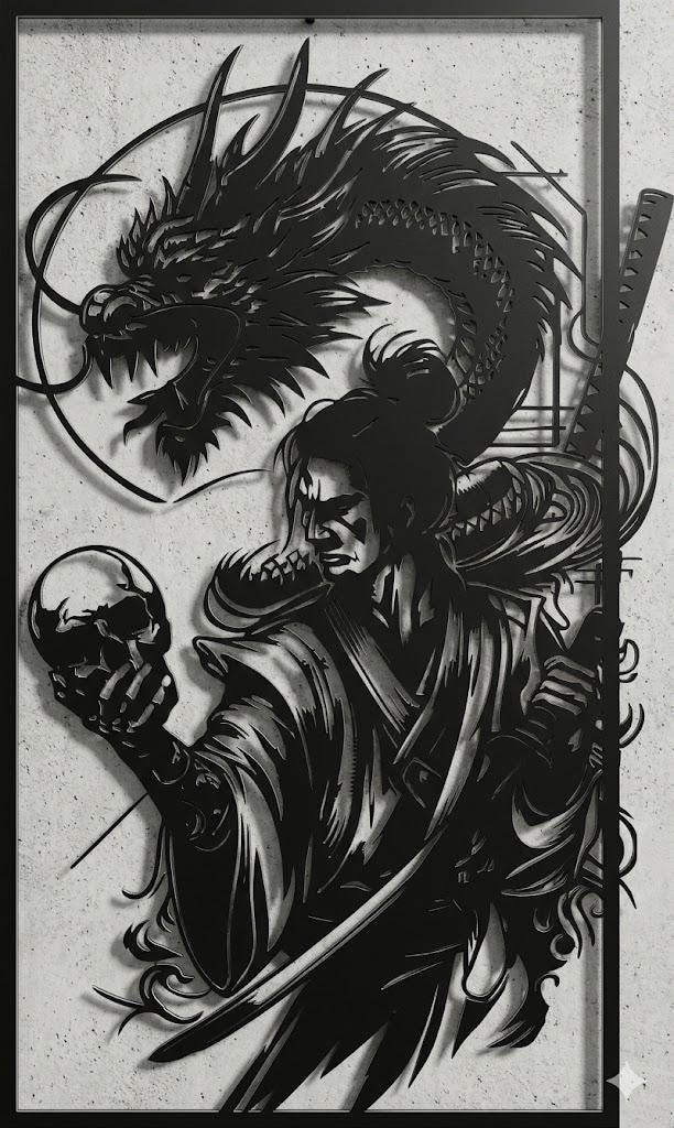 Samurai Dragon Wall Art, Japanese Warrior Skull Vector (digital ...