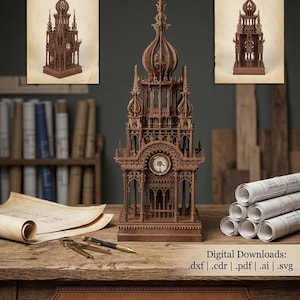 May include: A detailed brown wooden clock tower model with an ornate design, featuring a clock face and architectural details. The image includes blueprints, tools, and the text "BlueprintBlocks".