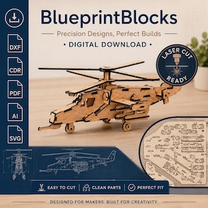 May include: A digital download for a laser-cut wooden helicopter model kit. The design includes files for DXF, CDR, PDF, AI, and SVG formats. The image displays the assembled wooden helicopter, a blueprint schematic, and a sheet of laser-cut parts.