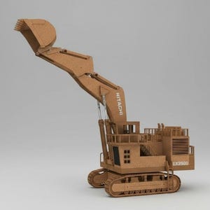May include: A brown Hitachi EX2500 excavator model. The model features a detailed design with a large bucket, articulated arm, and a cabin. The excavator is set on tracks and has the Hitachi logo on the arm.