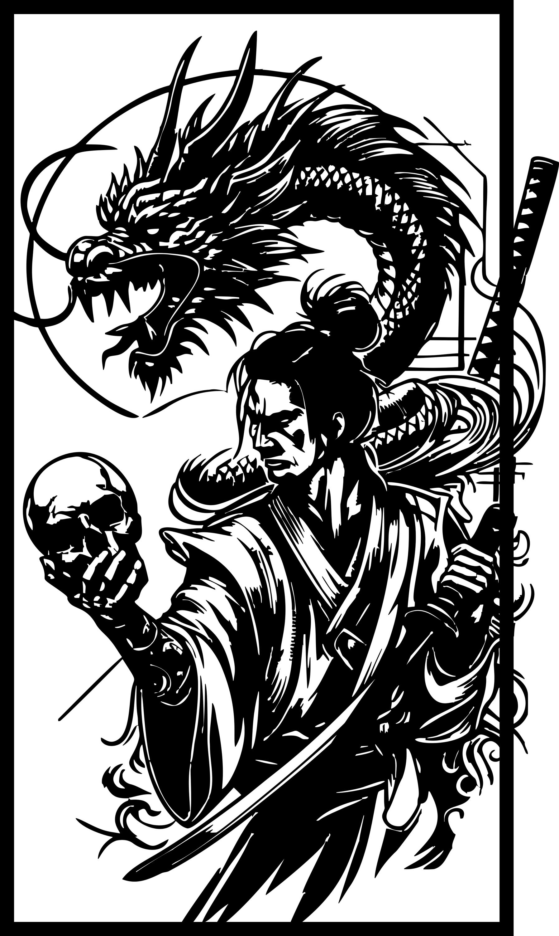 Samurai Dragon Wall Art, Japanese Warrior Skull Vector (digital ...