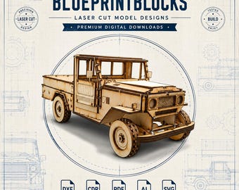 May include: A laser-cut wooden model of a pickup truck featuring intricate paneling and wheels. The background displays the text BLUEPRINTBLOCKS LASER CUT MODEL DESIGNS PREMIUM DIGITAL DOWNLOADS with icons for DXF, CDR, PDF, AI, and SVG file formats.