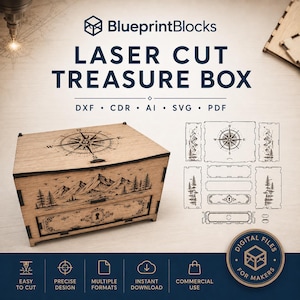 May include: A laser cut treasure box made of light wood featuring a compass rose on the lid and a mountain landscape with pine trees on the front panel. The box includes a keyhole design and is accompanied by a technical diagram of the flat parts.