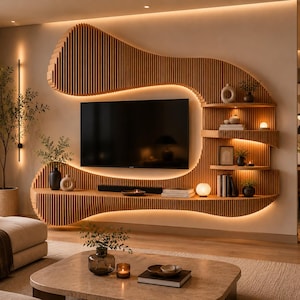 Puede incluir: Un moderno mueble de entretenimiento de madera con un televisor negro grande. La unidad presenta un diseño único y ondulado con estantes integrados e iluminación cálida. Se exhiben objetos decorativos como jarrones y libros en los estantes.