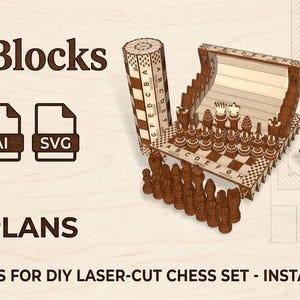 Puede incluir: Un juego de ajedrez cortado con láser con el texto "BlueprintBlocks" y "CHESS SET LASER-CUT PLANS". El juego incluye un tablero de ajedrez, piezas de ajedrez y una caja de almacenamiento. La imagen también muestra iconos de tipo de archivo para DXF, CDR, PDF, AI y SVG.
