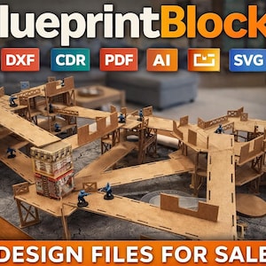 May include: A tabletop game terrain set made of light brown wood, featuring multiple levels, walkways, and miniature figures. The image includes the text "BlueprintBlocks" and "DESIGN FILES FOR SALE."