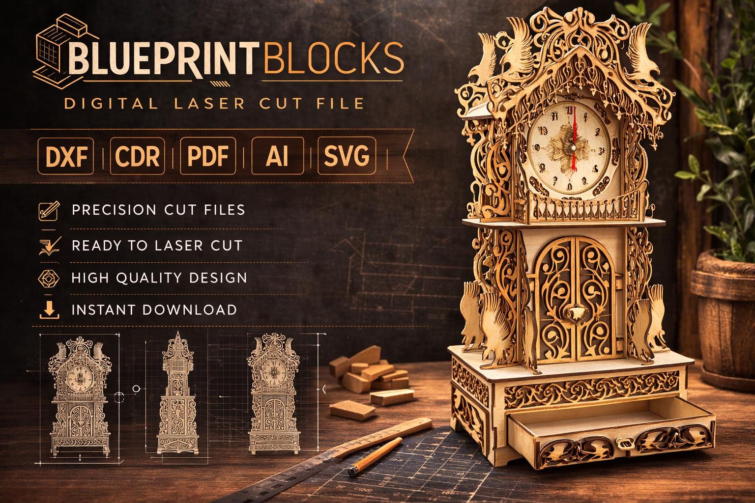 Vintage Cuckoo Clock Laser Cut File, Decorative Wooden Model (dxf, Cdr ...