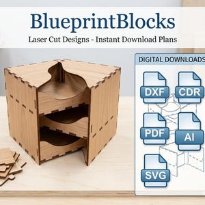 May include: A light brown wooden storage unit with three open shelves and interlocking edges. The text BlueprintBlocks Laser Cut Designs - Instant Download Plans appears above. A digital download box shows DXF, CDR, PDF, AI, and SVG file icons.