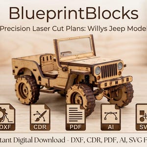 May include: A wooden Willys Jeep model, laser-cut from wood, with visible details like wheels, a windshield, and a front bumper. The image includes the text "BlueprintBlocks" and "Precision Laser Cut Plans: Willys Jeep Model".