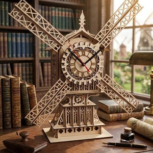 Könnte beinhalten: Eine Holz-Windmühlen-Uhr mit aufwendigen Laser-Cut-Details. Das Zifferblatt zeigt römische Ziffern und dekorative Zeiger. Die Windmühlenflügel sind abgewinkelt. Die Uhr steht auf einem Schreibtisch mit Büchern und Schreibutensilien.