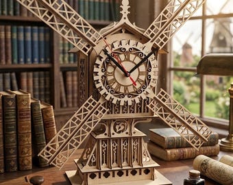Dutch Windmill Clock Laser Cut Template, 3D Wooden Vector Files (DXF, PDF, SVG)