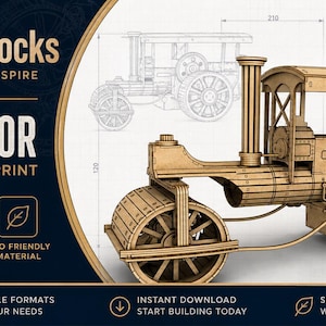 Puede incluir: Plano de un modelo de tractor a vapor de madera. La imagen presenta un modelo de madera detallado, cortado con láser, de un tractor a vapor, con ruedas grandes y detalles intrincados. Se muestra el texto "STEAM TRACTOR 3D WOODEN MODEL BLUEPRINT".