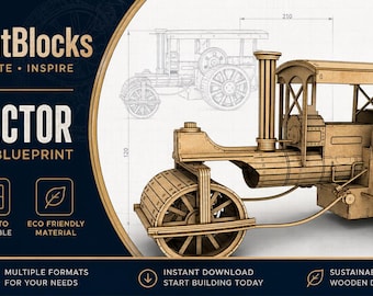 3D Wooden Steam Roller Model Blueprint – Laser Cut Files (DXF, SVG, PDF)