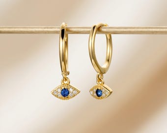 Orecchini a cerchio pendenti con occhio di Allah in oro 18 carati, ciondolo con zircone blu, gioiello minimalista con occhio portafortuna, regalo perfetto per lei.