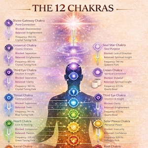 Può includere: Un grafico intitolato THE 12 CHAKRAS mostra la sagoma di una persona in posizione di meditazione seduta. Dodici simboli chakra colorati sono allineati lungo la colonna vertebrale, collegati a testi che descrivono frequenze e stati energetici.