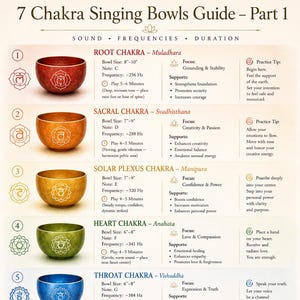 May include: An educational chart titled 7 Chakra Singing Bowls Guide – Part 1, featuring seven colored singing bowls corresponding to chakras. Each entry lists bowl size in inches, musical note, frequency in Hz, duration, focus, and practice tips.