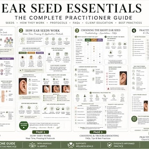 Peut inclure: Un guide pédagogique de quatre pages intitulé Ear Seed Essentials: The Complete Practitioner Guide. Le document présente des sections détaillées sur le fonctionnement des graines d'oreille, les protocoles et les listes de contrôle.