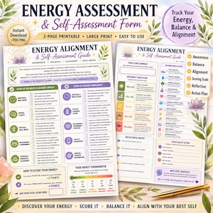May include: A two-page printable energy assessment and self-assessment form. The form includes sections on energy alignment, signs of balance and imbalance, and a scoring guide. The design features floral accents and the text "Instant Download - PDF/PNG".