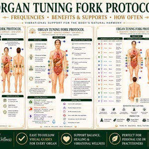 May include: A three-page digital bundle titled Organ Tuning Fork Protocol, featuring anatomical diagrams of the human body, charts detailing sound frequencies, organ-specific benefits, and placement guides for vibrational wellness practices.