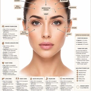 May include: An educational chart titled FACE ACUPOINTS & REFLEX ZONES featuring a diagram of a face with labeled points for memory, migraine, headache, heart, liver, spleen, kidney, bladder, small intestine, and blood circulation protocols.