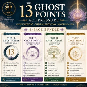 May include: A detailed graphic titled "The 13 Ghost Points Acupressure". It features four sections: Overview & Map, Acupressure Guide, Background & Client Guide, and Aftercare & Integration. The image includes a gold circle with the word "Shen".