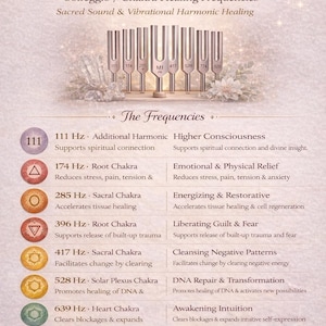May include: An infographic detailing Solfeggio frequencies and chakra healing. The image shows tuning forks and text explaining the frequencies, their effects, and associated chakras. The background is a soft beige colour.