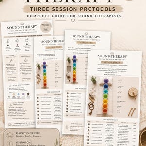 May include: A set of four printed sound therapy practitioner pages featuring three session protocols. The documents include text, diagrams of bowl placement, session flow charts, and instructions for sound therapists to guide healing sessions.