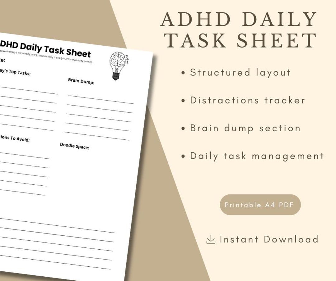 ADHD Daily Task Sheet | Printable PDF Planner | Focus, Brain Dump ...