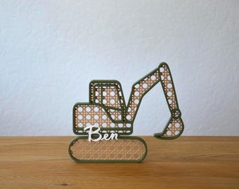 Bagger mit Wiener-Geflecht I Personalisierbar mit Namen I Geschenk zur Geburt & Taufe I Namenschild Kinderzimmer I Deko