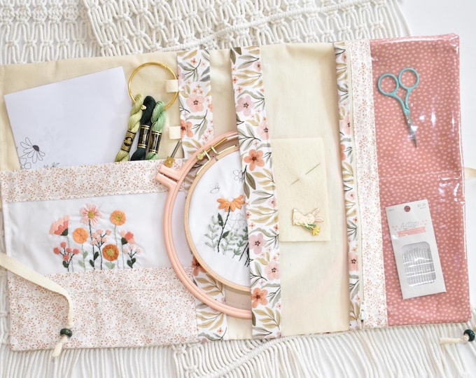 Stitching Project Folder, Quilted Needlework Organizer for Embroidery Floss & Tools