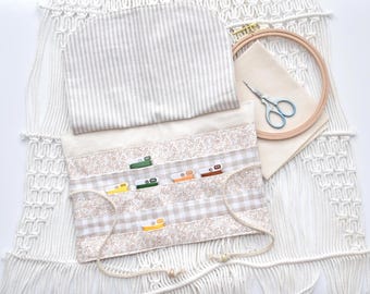 May include: A fabric organizer roll featuring a beige and white floral and gingham pattern with multiple pockets containing small thread spools. Included are a wooden embroidery hoop, a piece of plain fabric, and small metal embroidery scissors.