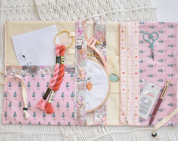 Stitching Project Folder, Quilted Needlework Organizer for Embroidery Floss & Tools