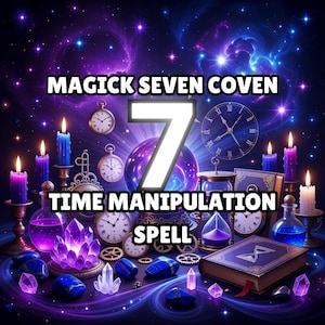May include: An artistic digital illustration with the text "MAGICK SEVEN COVEN", "7", and "TIME MANIPULATION SPELL". The image features clocks, candles, crystals, and potion bottles, set against a starry, purple and blue background.