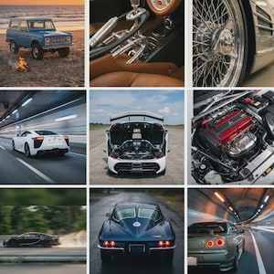 May include: A collage of various cars, including a silver sports car in a concrete space, a black Porsche, a yellow Jeep on a beach, a blue Bronco, and a car interior. Other images include a white sports car, a blue classic car, and a yellow race car.