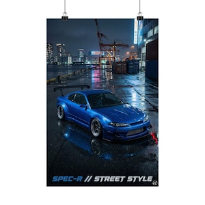 May include: A blue sports car with a rear wing is parked on a wet surface, reflecting the city lights. The poster has the text "SPEC-R // STREET STYLE" at the bottom.