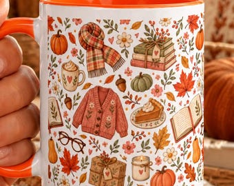 Cozy Autumn Mug • Mug with Sweater and Pumpkin Book Print • Autumn Leaves Mug • Fall Mug • Seasonal Autumn Decor • Thanksiving Gift