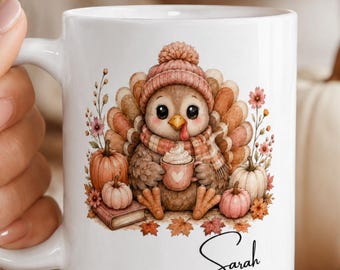 Personalized Fall Highland Turkey Mug • Thanksgiving Gifts • Personalized Fall Decor • Gift for Sister or Daughter • Birthday Gift • Floral