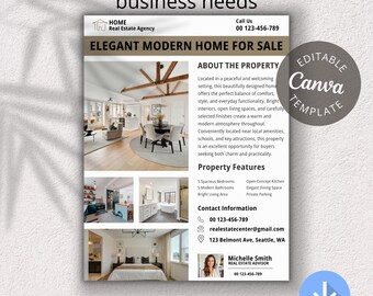 Elegant Real Estate Flyer Template, Canva Realtor Marketing, Editable Property Listing Sheet