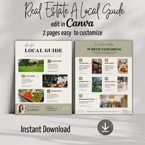 以下が含まれることがあります： 「Real Estate A Local Guide」と「edit in Canva」のテキストが入った2ページのローカルガイドテンプレート。ガイドには、地元の人気店と、画像と説明付きのローカルガイドが掲載されています。「Instant Download」の文字が一番下にあります。