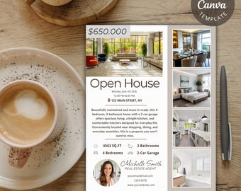 Open House Flyer Template, Editable Canva Real Estate Marketing Sheet